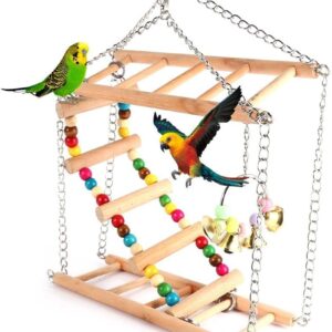 Pet Hanging Ladder Wooden Suspension Bridge Steps Stairs Climbing Swing Double-Layer Toys for Bird Parakeet Budgie Cockatiel Parrot Hammock Cage Toy