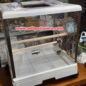Clear Glass Bird Cage with White open Frame and wheels